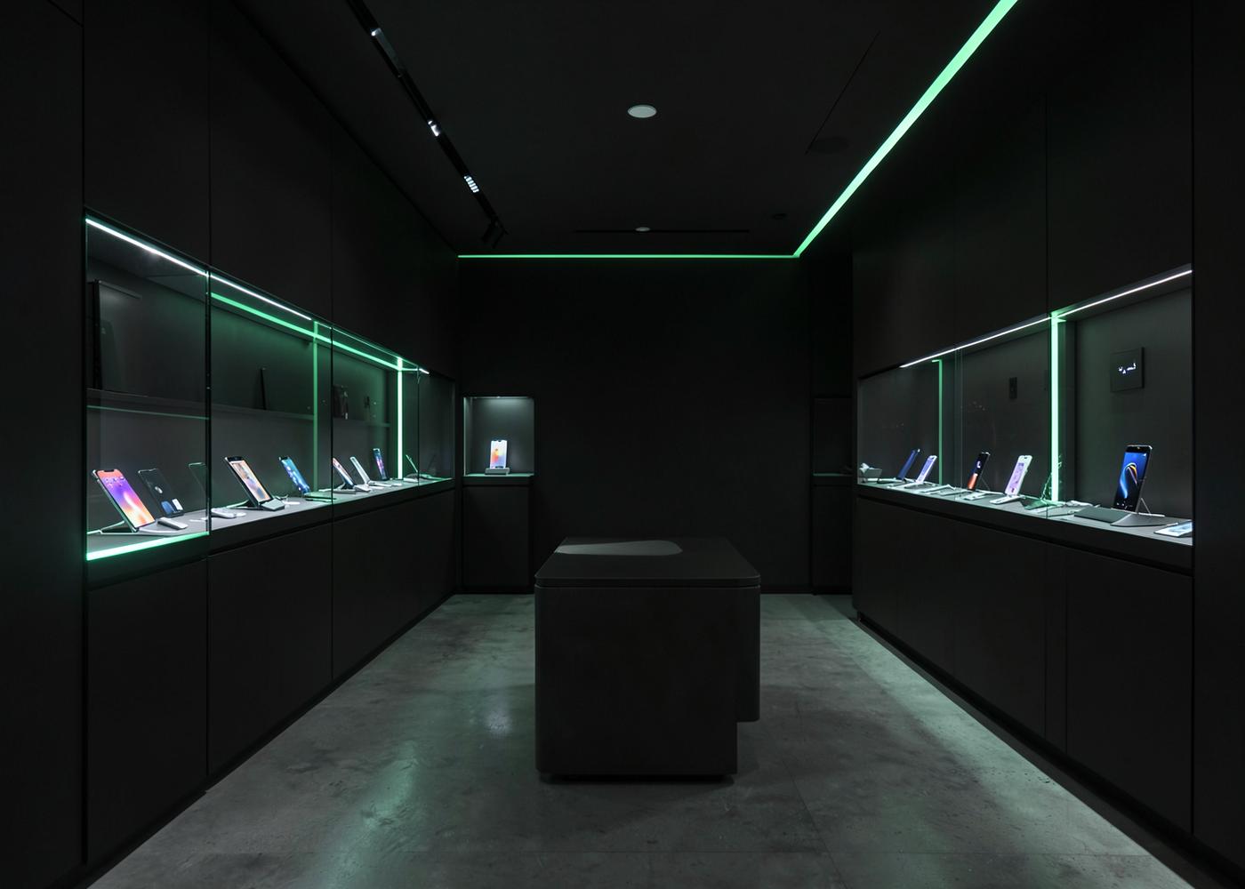 Interior de la tienda El Gabyphone con vitrinas iluminadas